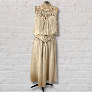 VINTAGE Spencer Alexis Beige Sleeveless Sheer Beaded Neckline Boho Max Dress